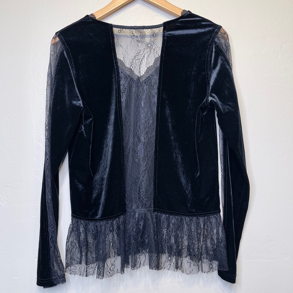 Allison NY | Velvet Lace Long Sleeve V-Neck Peplum Dark Academia Blouse - Picture 5 of 14